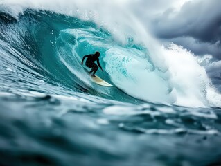 Capture a surfer riding a wave, with space around the wave and surfer to showcase the energy of the ocean and the skill of the surfer.