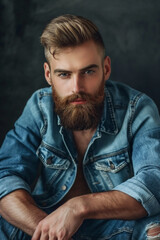Fototapeta premium A man with a full, well-groomed beard is seen wearing a denim jacket, radiating confidence and style.