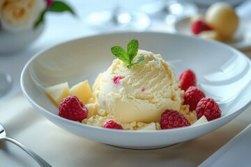 A close-up view of a gourmet durian ice cream dessert featuring white chocolate pieces and fresh raspberries