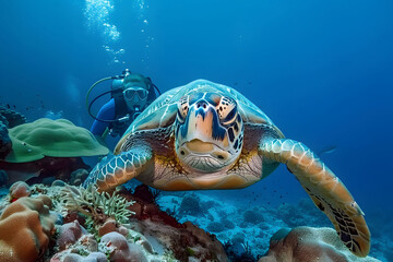 Obraz premium interaction between turtle and diver