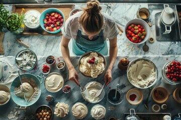 Ice cream taster working in a bright, airy kitchen filled with natural light. The taster is surrounded by various ingredients and tools, emphasizing the preparation and evaluation stages. The image