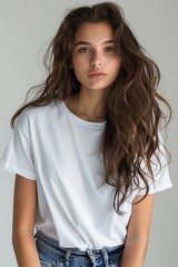 Obraz premium White tshirt mockup on woman model created with Generative AI