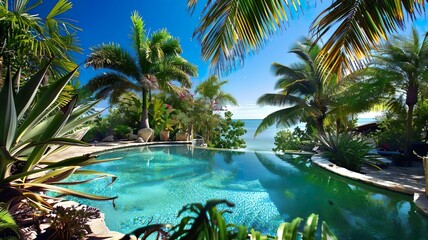 Fototapeta premium Tropical Resort Swimming Pool with Palm Trees