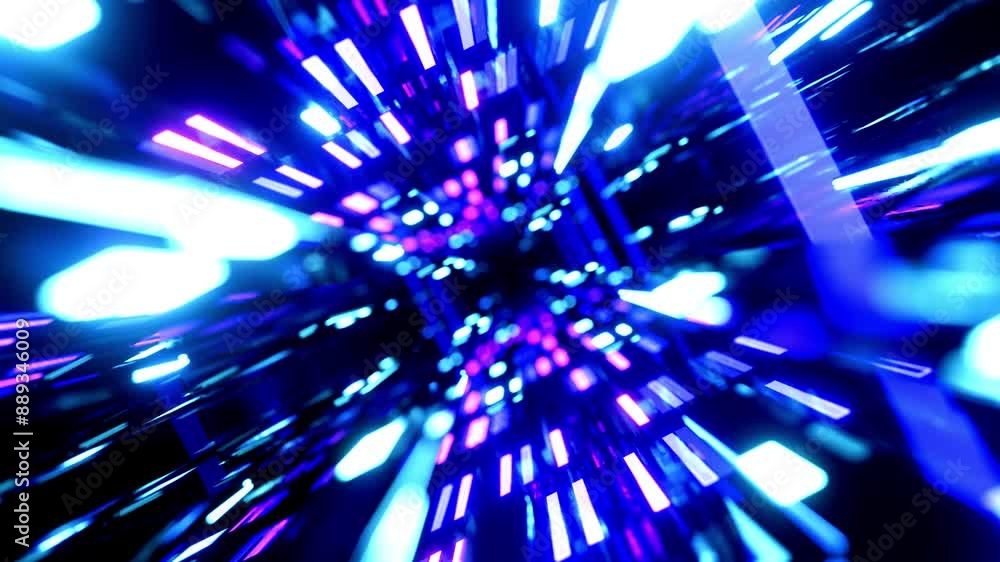 Poster flight through hi-tech technology tunnel with camera shake. neon light, sci-fi constructions, myster