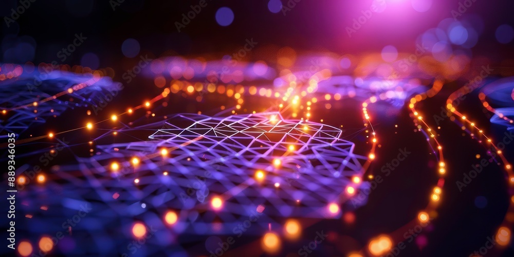 Poster abstract digital network with glowing nodes on a purple background, showcasing futuristic technology