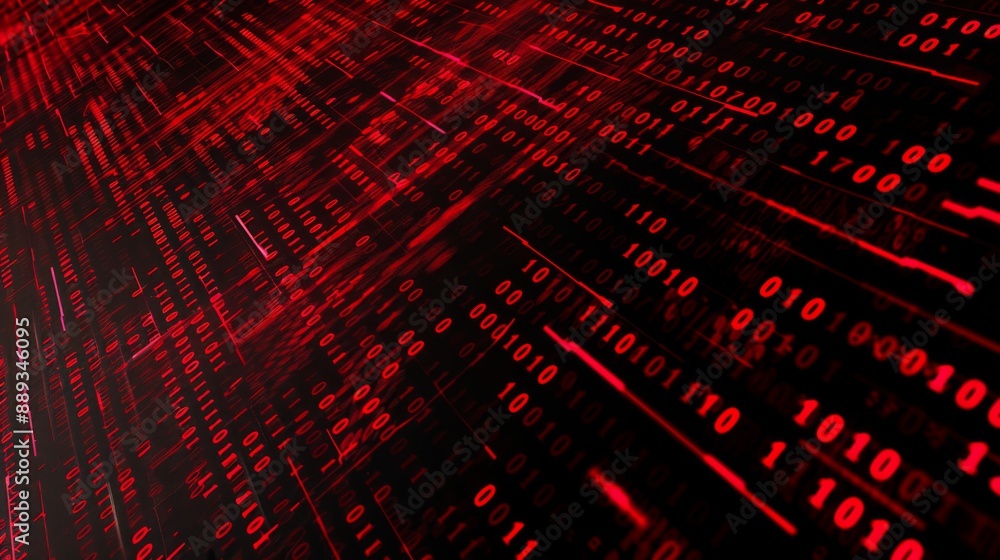 Poster A digital stream of red binary code moving rapidly across a black background.