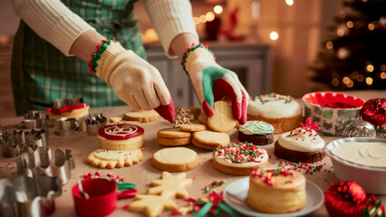 Holiday Baking. A close-up of hands baking and decorating Christmas cookies, cakes, or other treats, perfect for promoting baking supplies or culinary classes. Concept of baking and patisserie. baking