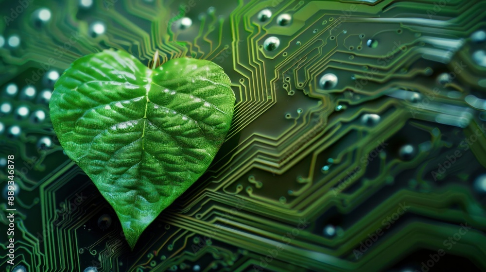 Poster green leaf with a heart shape on a computer