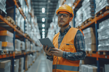 Happy engineer in safety suit holding tablet, monitoring and controlling automatic robot arm machine