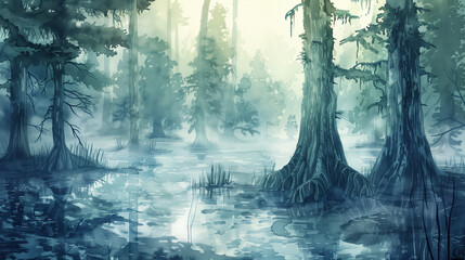 Obraz premium Watercolor Illustration of a Foggy Swamp Landscape with Cypress Knees and Moss-Covered Trees, Misty Forest Scene