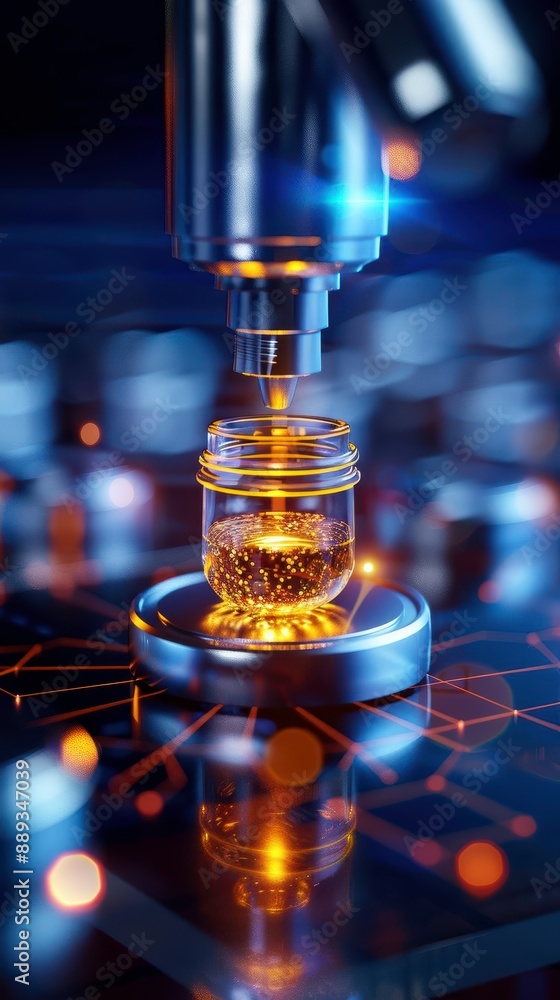 Poster close-up of a microscope examining a golden substance in a laboratory, showcasing advanced scientifi