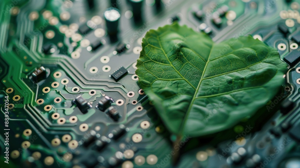 Poster green leaf with a heart shape on a computer
