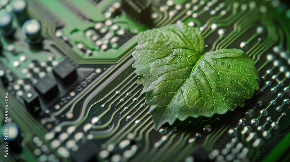 Poster green leaf with a heart shape on a computer