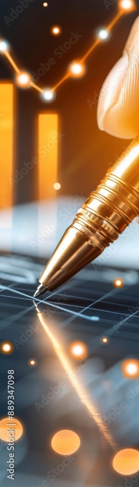 Poster close-up of a pen pointing to a digital tablet screen with financial graphs and data. golden charts 