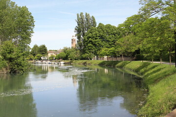 Obraz premium Il fiume Sile passa a Cendon di Treviso, una passeggiata sull'argine del fiume immersa nella natura incontaminata.