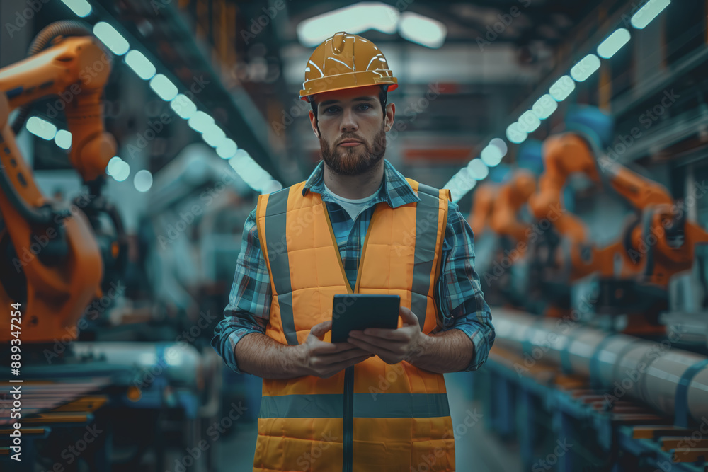 Poster happy engineer in safety suit holding tablet, monitoring and controlling automatic robot arm machine