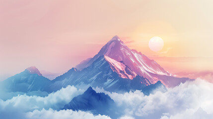 Foggy Mountain Peaks at Sunrise - Watercolor Illustration Featuring Vibrant Colors and Misty Cloud Cover
