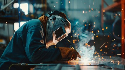 A person learning to weld, wearing protective gear and working on a metal sculpture in a workshop