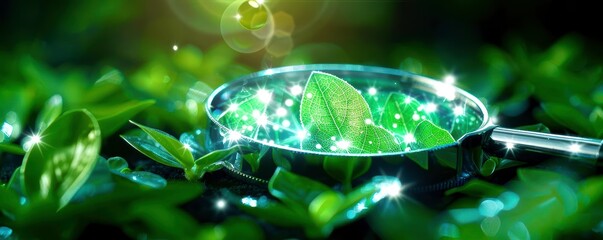 Highquality closeup of a botanical specimen under a magnifying glass with gravitational waves, morning light, highresolution, physical and botany, detailed textures