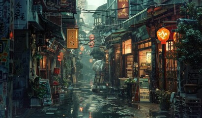 A small street in the middle of rural Japan, brimming with businesses, raining weather, nighttime, anime artwork