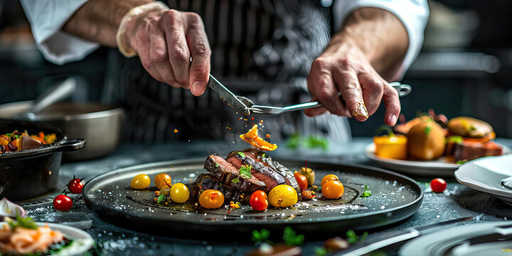 A chefs hands skillfully preparing a gourmet meal action shot.
