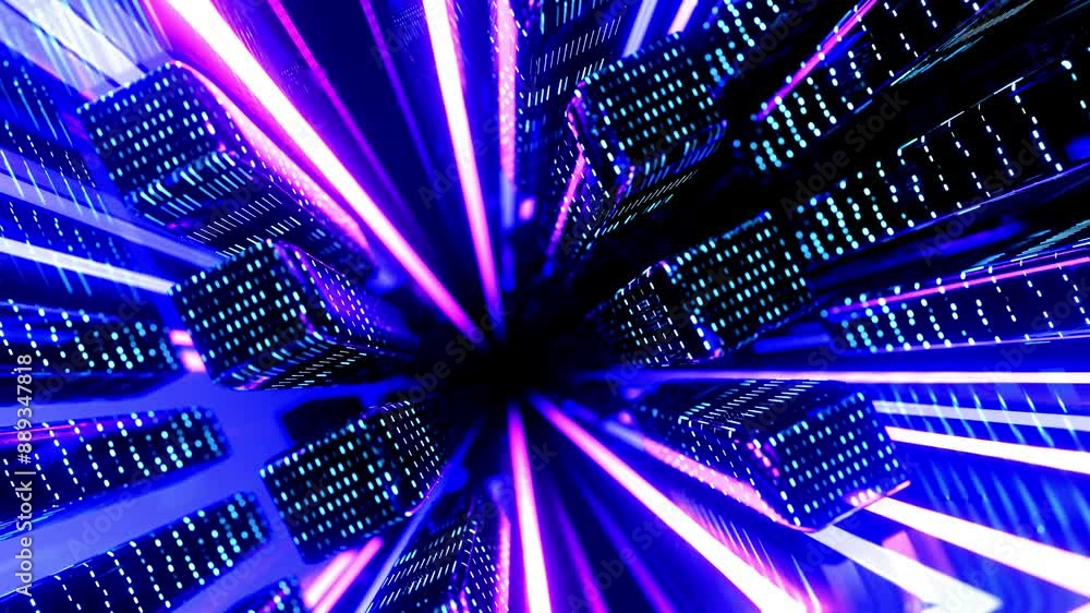 Poster flight through hi-tech technology tunnel with camera shake. neon light, sci-fi constructions, myster