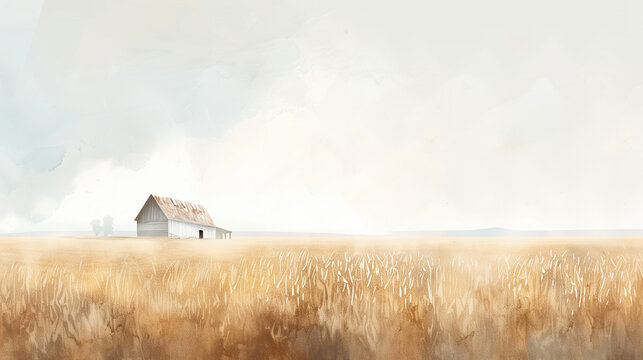 Beautiful Watercolor Illustration of Foggy Wheat Field with Distant Farmhouse - Rural Landscape Art, Gentle Morning Mist, Pastoral Setting