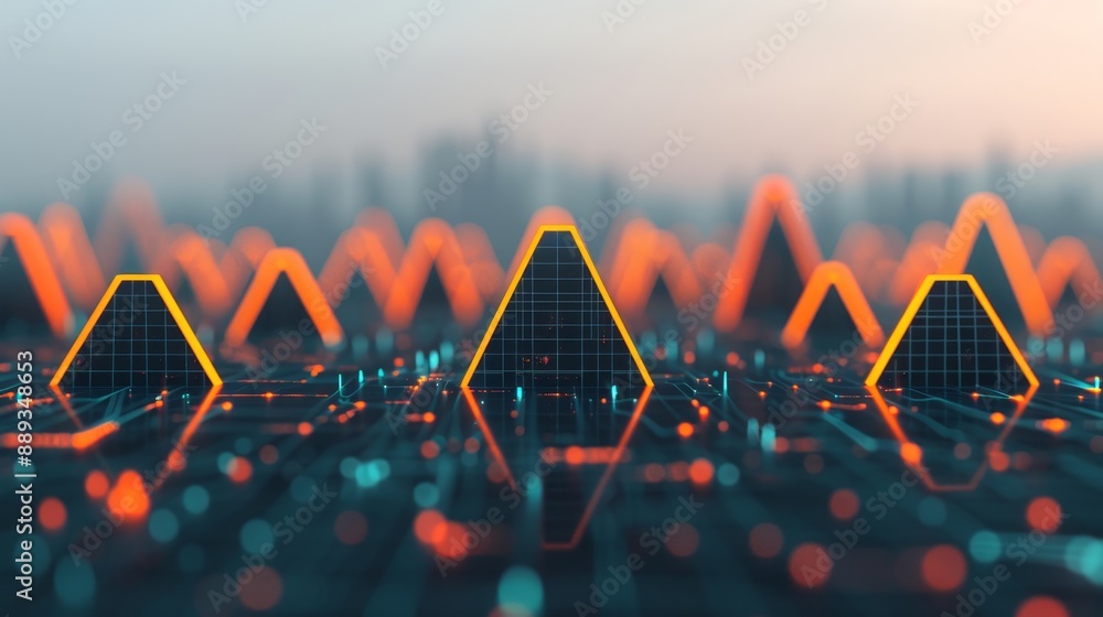 Poster abstract digital network of pyramids with glowing lines and city skyline in the background - futuris