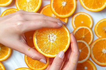 A woman's hand squeezing a juicy orange, surrounded by vibrant slices of fruit, captured in stunning 4K UHD resolution.