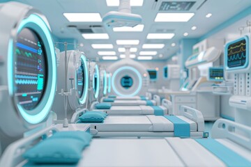 futuristic hospital ward with advanced medical technology and equipment, sterile and modern interior design, rows of empty beds