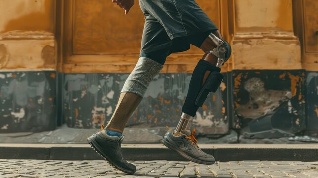 A man with prosthetic leg running,