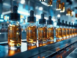 Clear vials with black tops, filled with amber fluid, displayed in an orderly row on a stainless steel surface, with a modern lab environment featuring illuminated screens in the background.