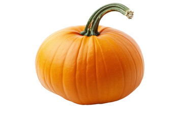 Whole pumpkin with a smooth surface and green stem, separated on a white background, highlighting its round shape and bright orange color