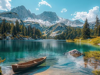 Obraz premium crystal-clear mountain lake surrounded by pine trees and rocky peaks.