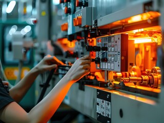 Hands operating controls on an injection molding machine.