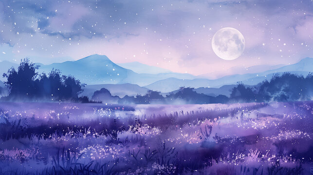 Full Moon Over Foggy Lavender Field - Watercolor Night Landscape with Twinkling Stars