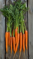 An assortment of organic carrots on a wooden table, perfect for cooking and enjoying as fresh, healthy food