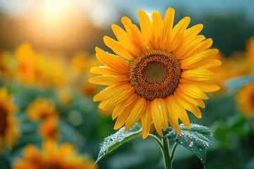 Fototapeta premium Beautiful Yellow Sunflower Under Morning Dew