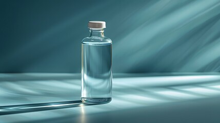 Clear glass medicine bottle, transparent liquid, white cap, soft blue background, bokeh effect, pharmaceutical photography, crystal clear focus, medical science concept, clean aesthetic.