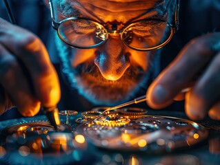 elderly man wearing glasses intensely focuses on intricate mechanical work, illuminated by warm, detailed lighting.
