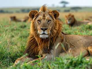 Obraz premium King of the Savannah: Majestic Lion Resting in its Natural Habitat, Detailing Fur Textures