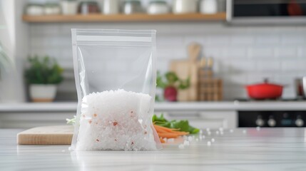 Transparent Plastic Bag with Salt on Modern Kitchen.