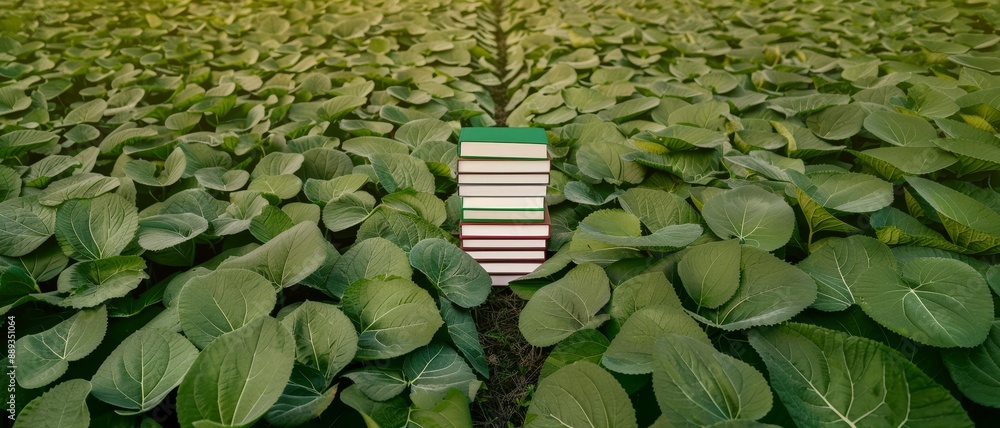 Wall mural green leaves background - lush foliage texture with colorful stripe pattern in field - nature photog