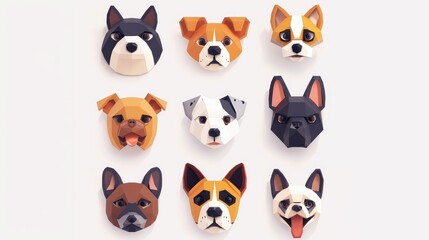 Fototapeta premium Modern and stylized set of 9 cartoon pet icons, arranged symmetrically on white background