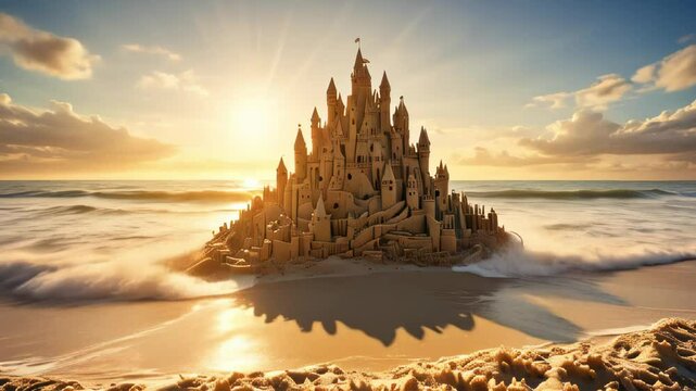 Sand castle with sea waves at sunrise.
