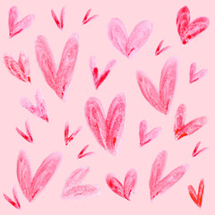 Pink watercolor hand drawn hearts, heart artistic cute texture pattern background, for gentle romantic design for Valentine's Day