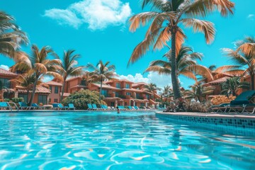 Fototapeta premium Luxurious resort with pool and palm trees vibrant and elegant artistic scene inviting setting tropical vibes relaxing atmosphere modern