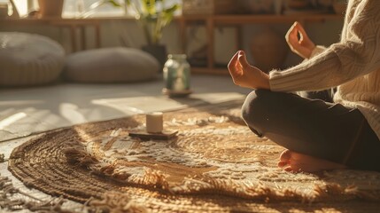 A person practicing mindfulness meditation on a cozy rug