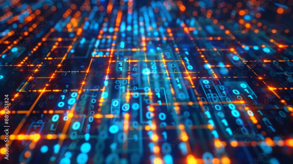 Aufkleber An abstract digital grid with binary code glowing in blue and orange hues.