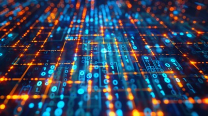 An abstract digital grid with binary code glowing in blue and orange hues.